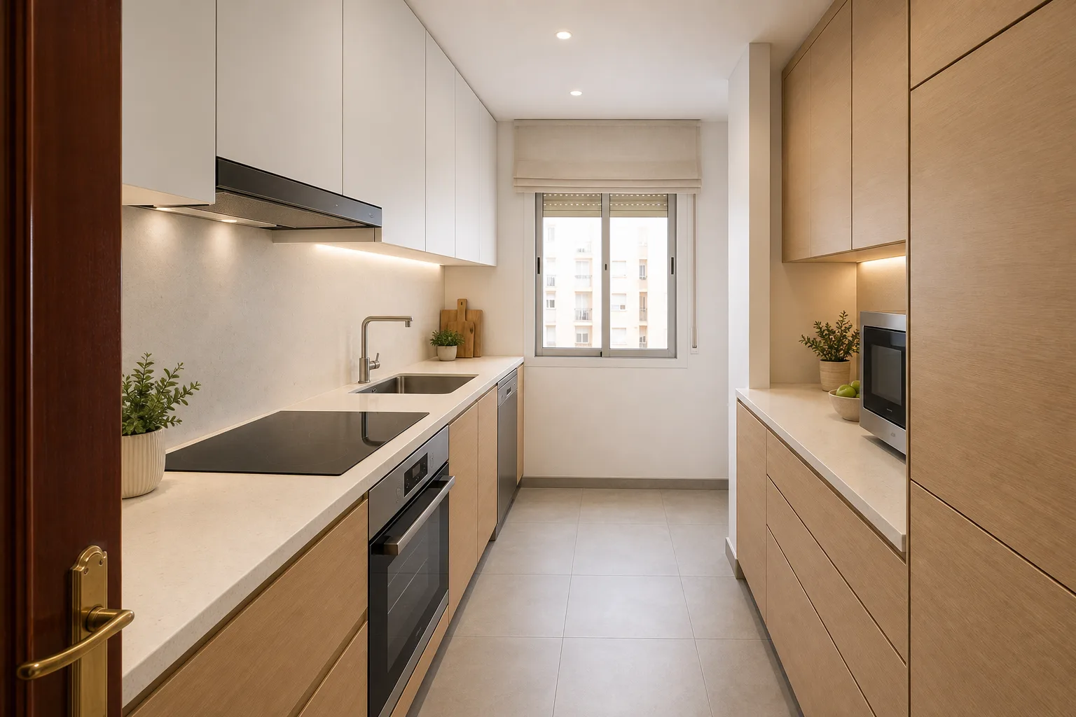 Visualización de la misma cocina con muebles de roble, encimera clara y luz de trabajo